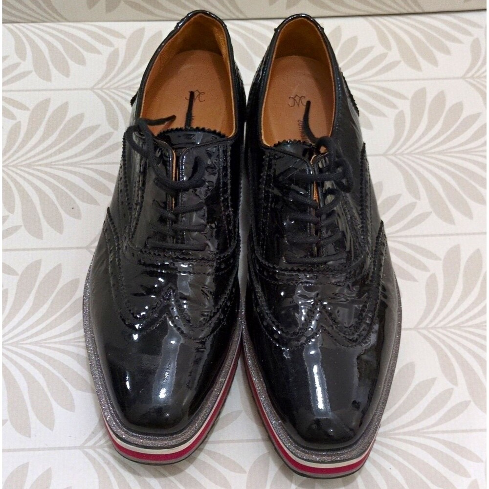 Johnston & Murphy Women's Black Patent Wingtip Lace-Up Oxford Flats US 8 M